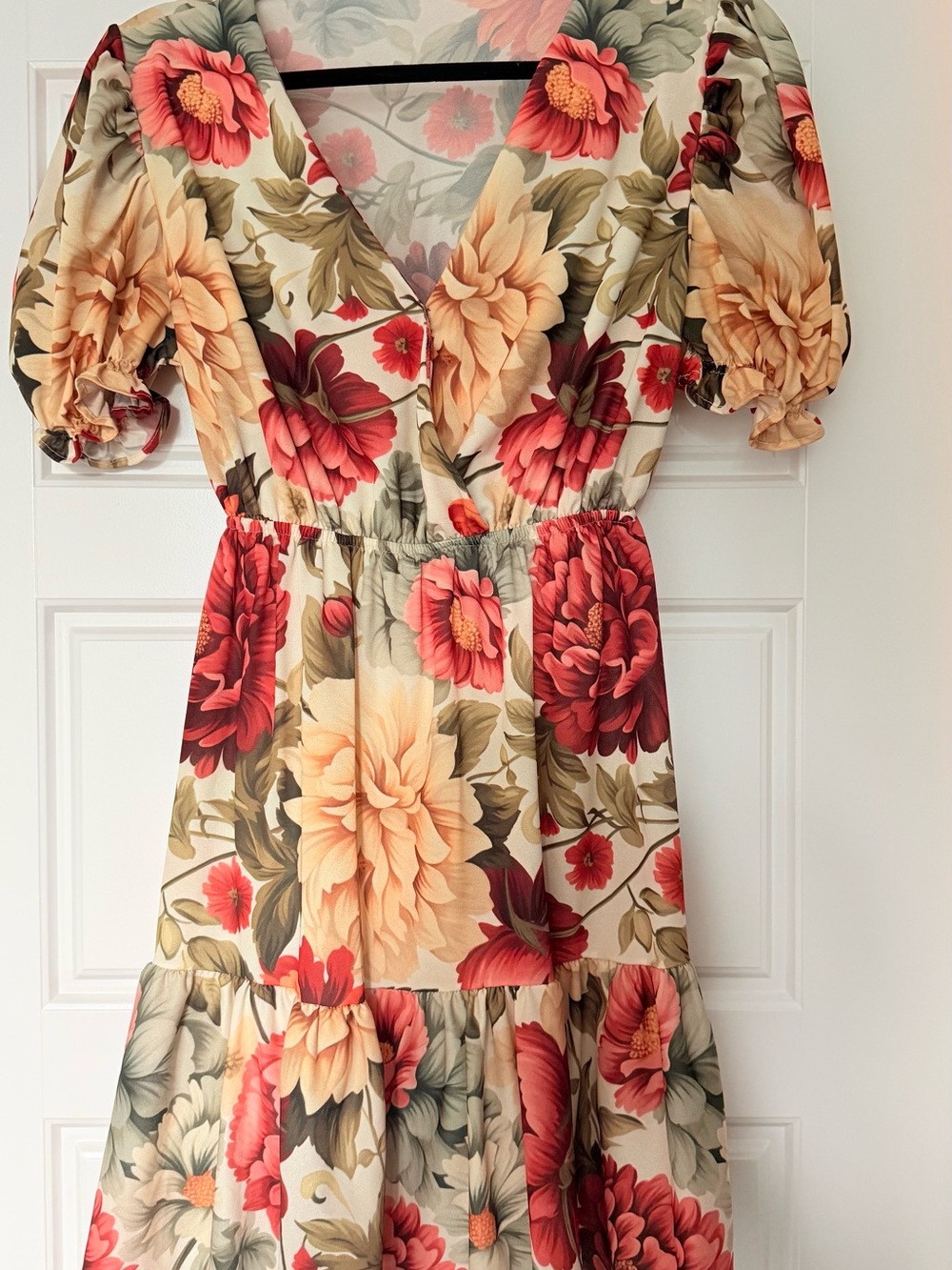 Floral V-Neck Puff Sleeve Midi Dress - Cream with Red & Yellow Blooms